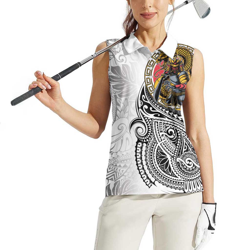 Japanese Samurai Warrior Women Sleeveless Polo Shirt White Polynesian Tattoo Style
