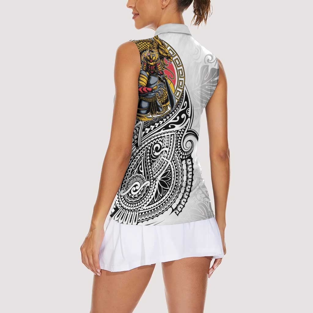 Japanese Samurai Warrior Women Sleeveless Polo Shirt White Polynesian Tattoo Style
