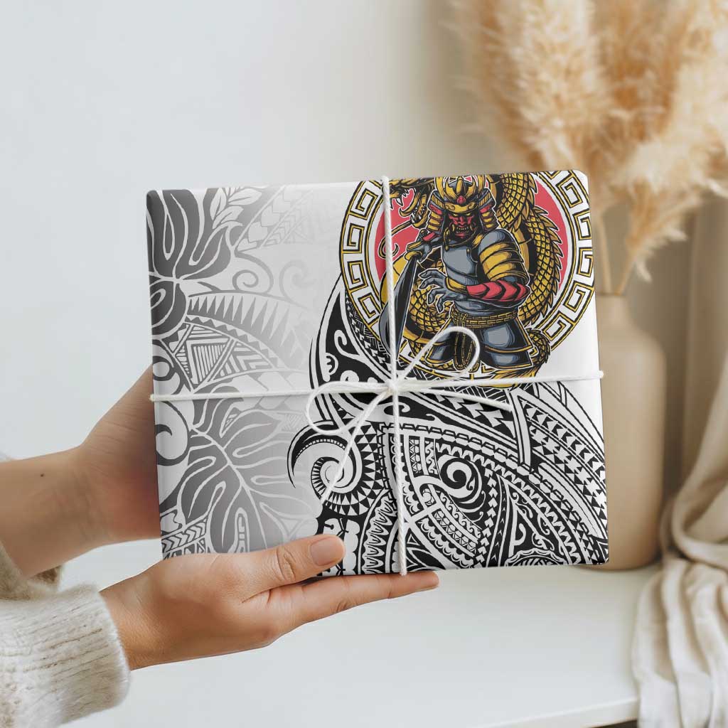 Japanese Samurai Warrior Wrapping Paper White Polynesian Tattoo Style - Polynesian Pride