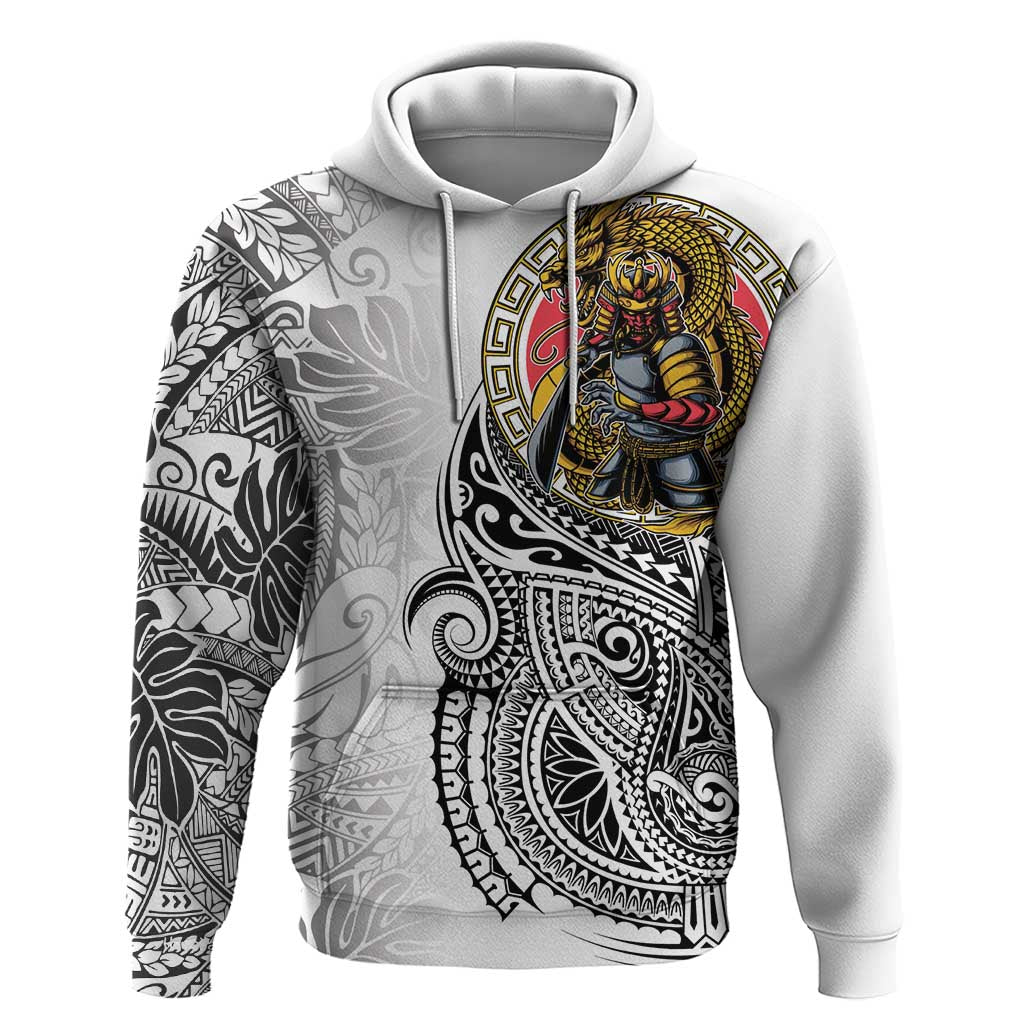 Japanese Samurai Warrior Zip Hoodie White Polynesian Tattoo Style