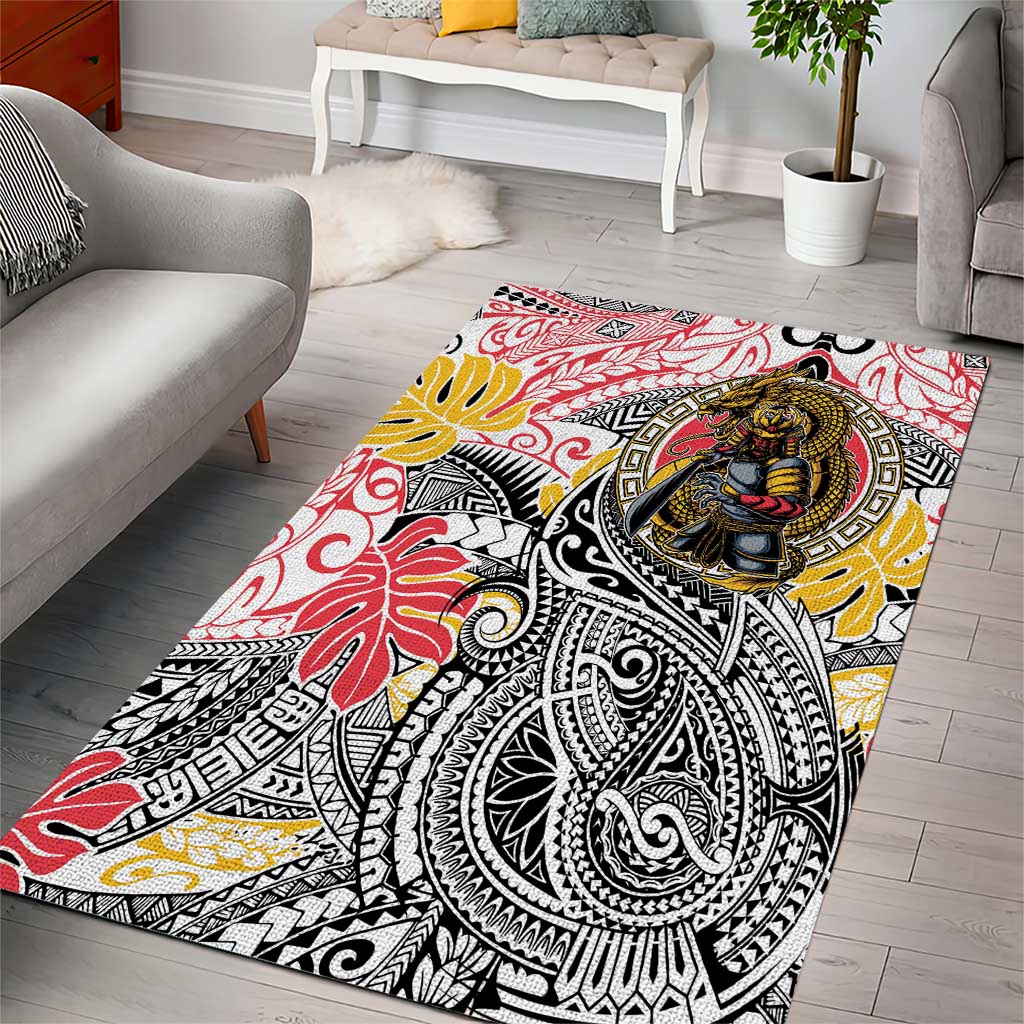 Japanese Samurai Warrior Area Rug Colorful Polynesian Tattoo Style