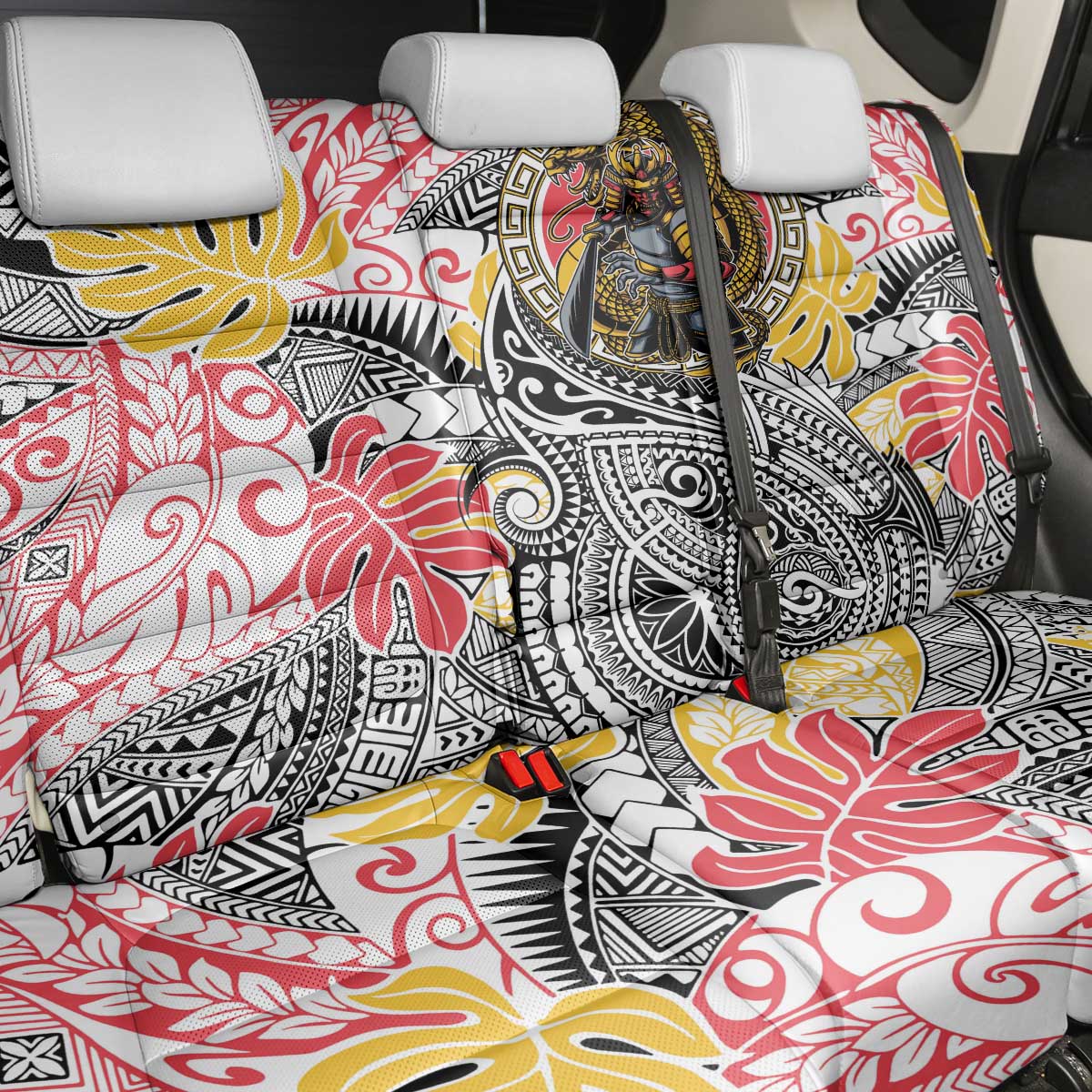 Japanese Samurai Warrior Back Car Seat Cover Colorful Polynesian Tattoo Style