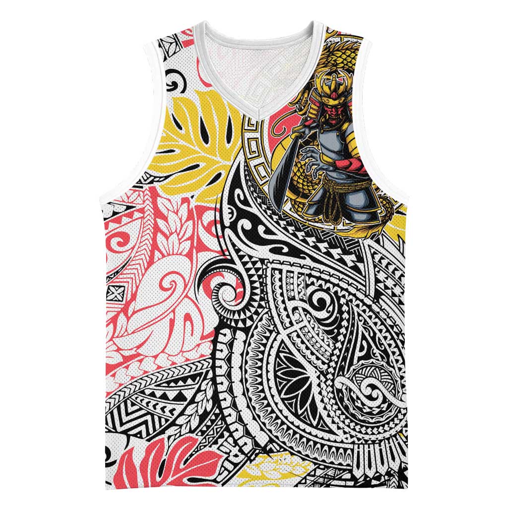 Japanese Samurai Warrior Basketball Jersey Colorful Polynesian Tattoo Style - Polynesian Pride