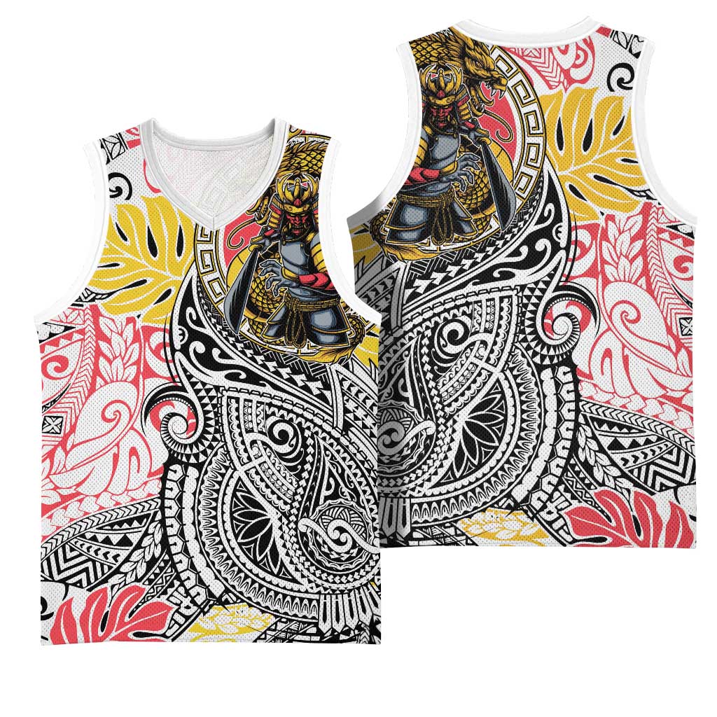 Japanese Samurai Warrior Basketball Jersey Colorful Polynesian Tattoo Style - Polynesian Pride