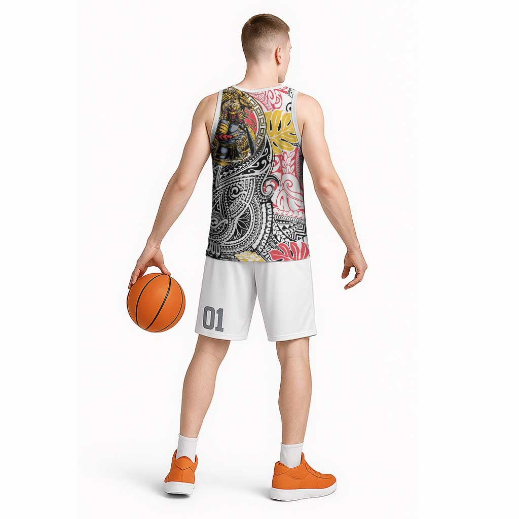 Japanese Samurai Warrior Basketball Jersey Colorful Polynesian Tattoo Style - Polynesian Pride