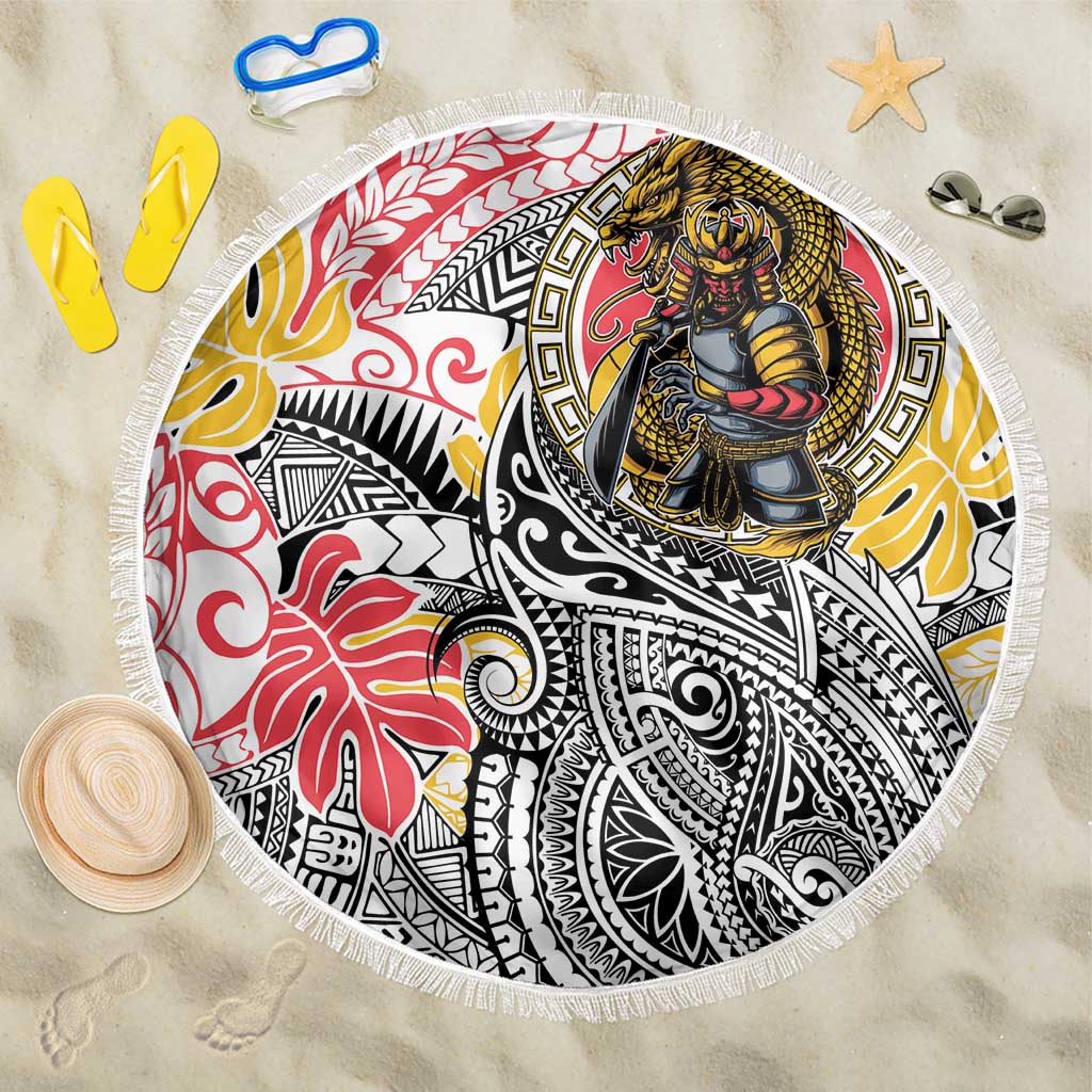 Japanese Samurai Warrior Beach Blanket Colorful Polynesian Tattoo Style