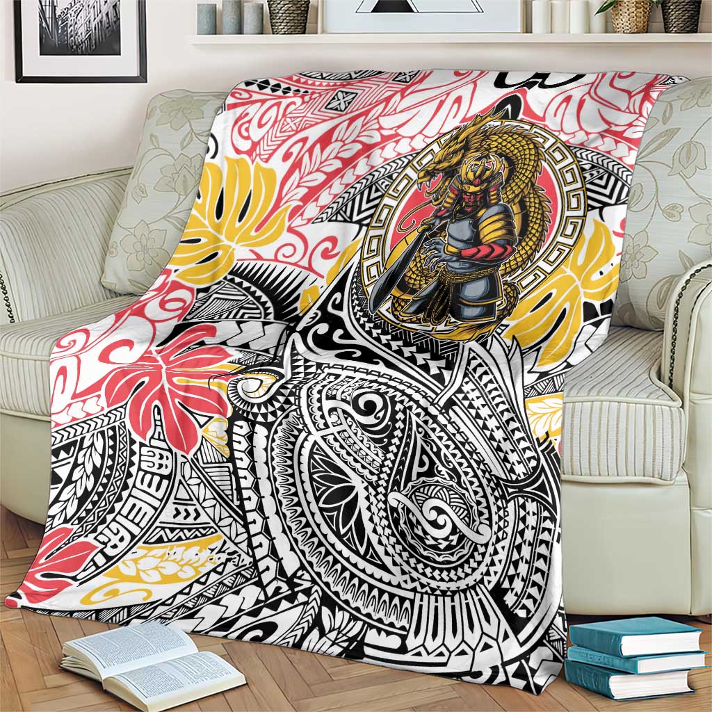 Japanese Samurai Warrior Blanket Colorful Polynesian Tattoo Style