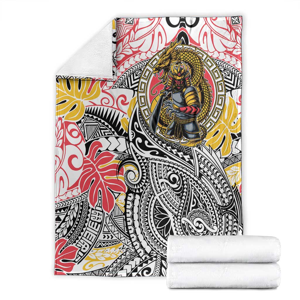 Japanese Samurai Warrior Blanket Colorful Polynesian Tattoo Style