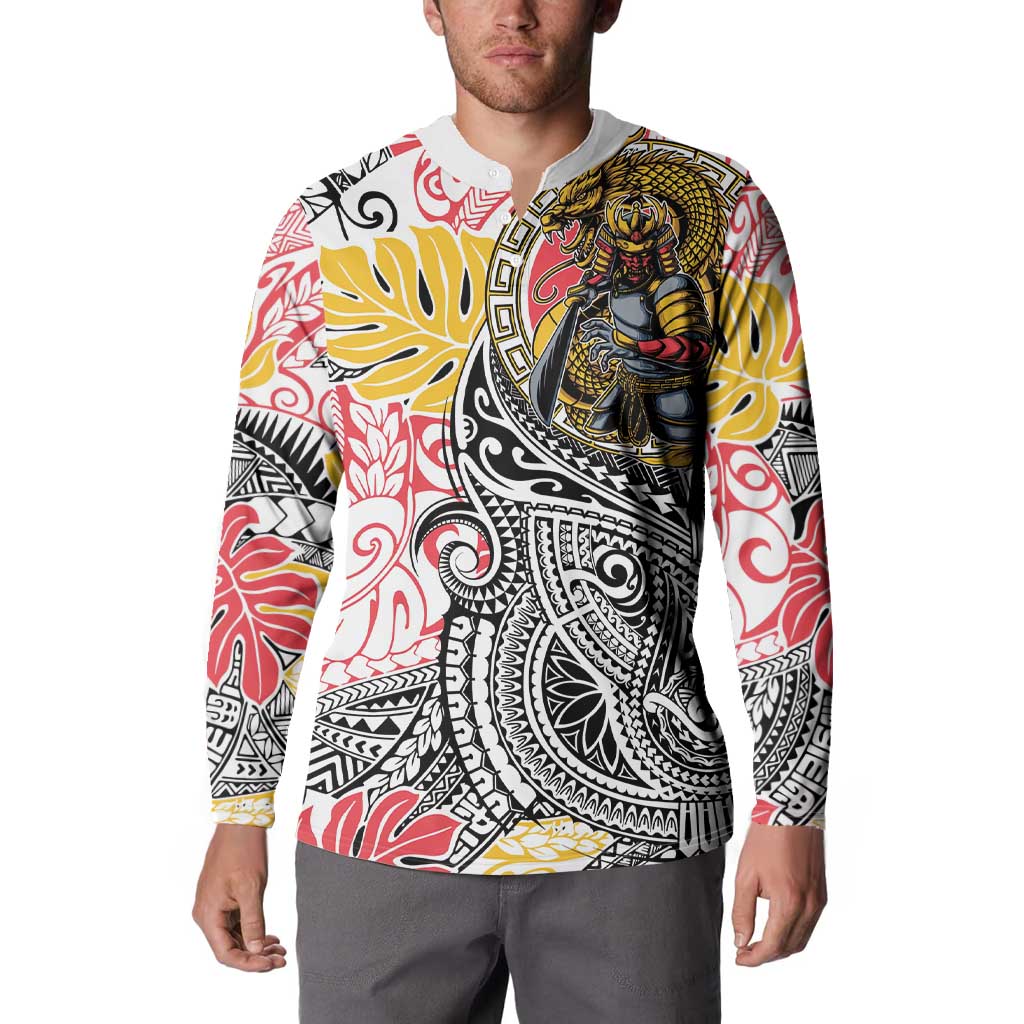 Japanese Samurai Warrior Button Sweatshirt Colorful Polynesian Tattoo Style LT9 - Polynesian Pride
