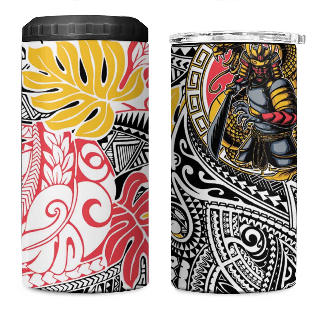 Japanese Samurai Warrior 4 in 1 Can Cooler Tumbler Colorful Polynesian Tattoo Style
