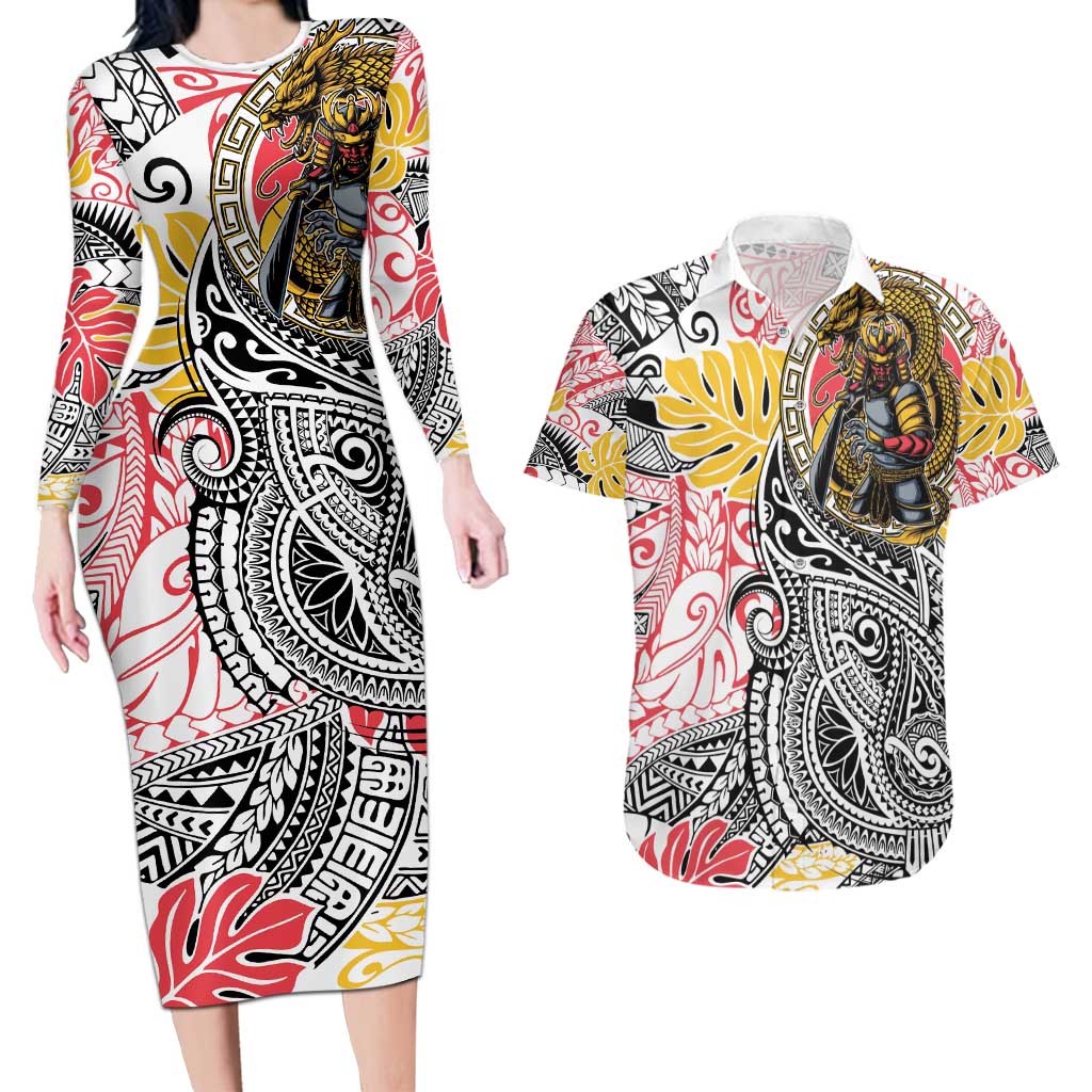 Japanese Samurai Warrior Couples Matching Long Sleeve Bodycon Dress and Hawaiian Shirt Colorful Polynesian Tattoo Style