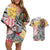 Japanese Samurai Warrior Couples Matching Off Shoulder Short Dress and Hawaiian Shirt Colorful Polynesian Tattoo Style