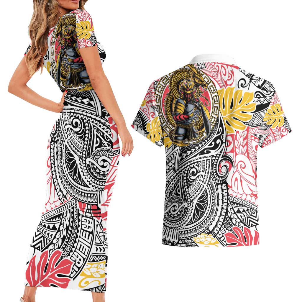 Japanese Samurai Warrior Couples Matching Short Sleeve Bodycon Dress and Hawaiian Shirt Colorful Polynesian Tattoo Style