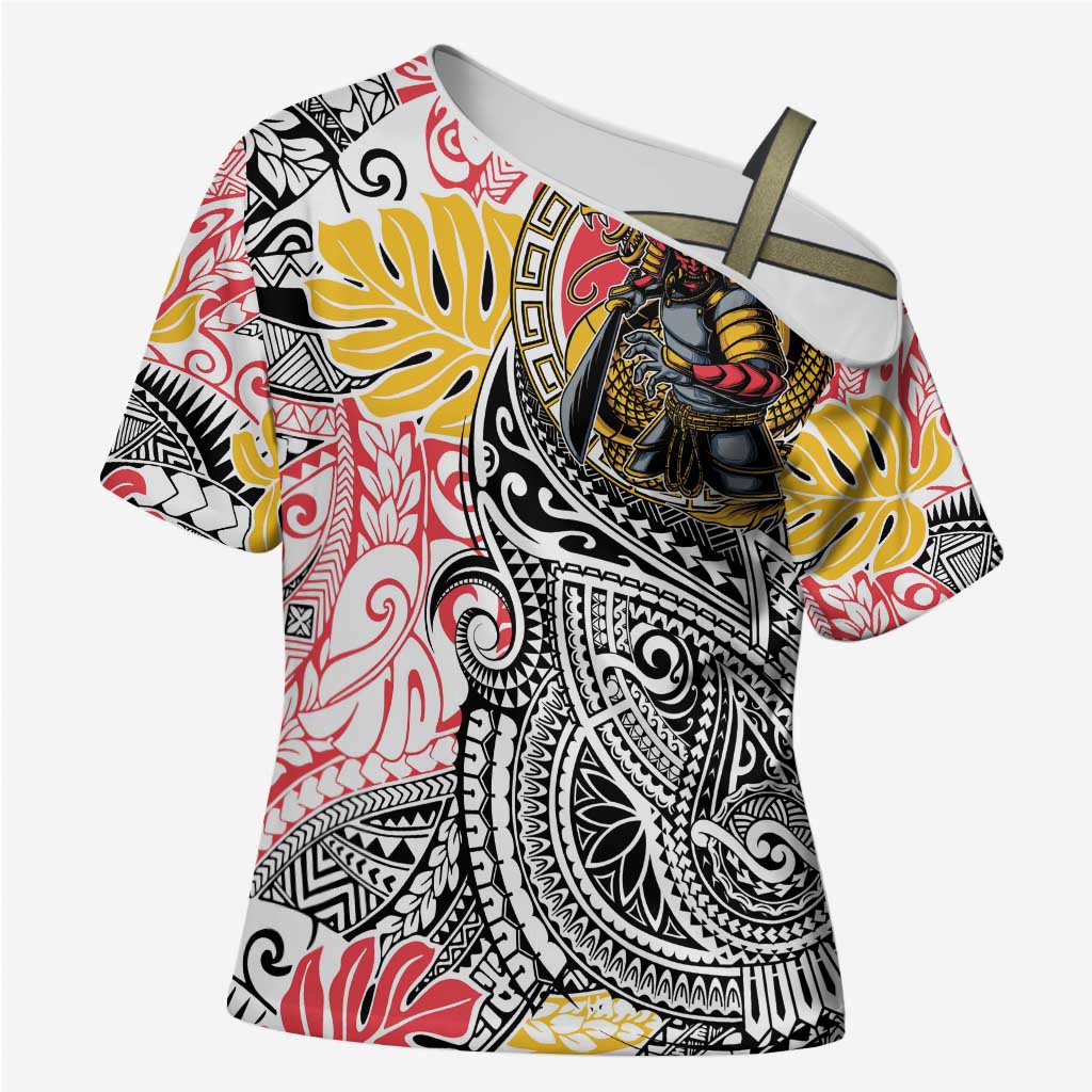 Japanese Samurai Warrior Cross Shoulder Shirt Colorful Polynesian Tattoo Style - Polynesian Pride