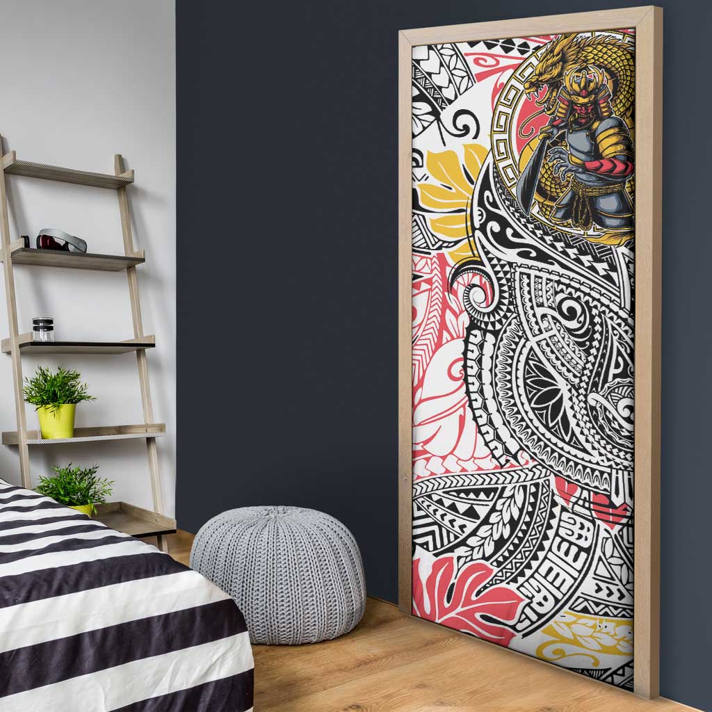 Japanese Samurai Warrior Door Cover Colorful Polynesian Tattoo Style - Polynesian Pride