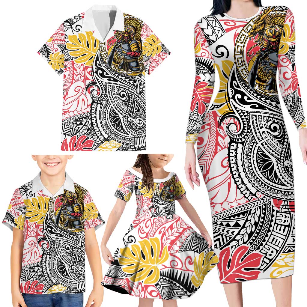 Japanese Samurai Warrior Family Matching Long Sleeve Bodycon Dress and Hawaiian Shirt Colorful Polynesian Tattoo Style
