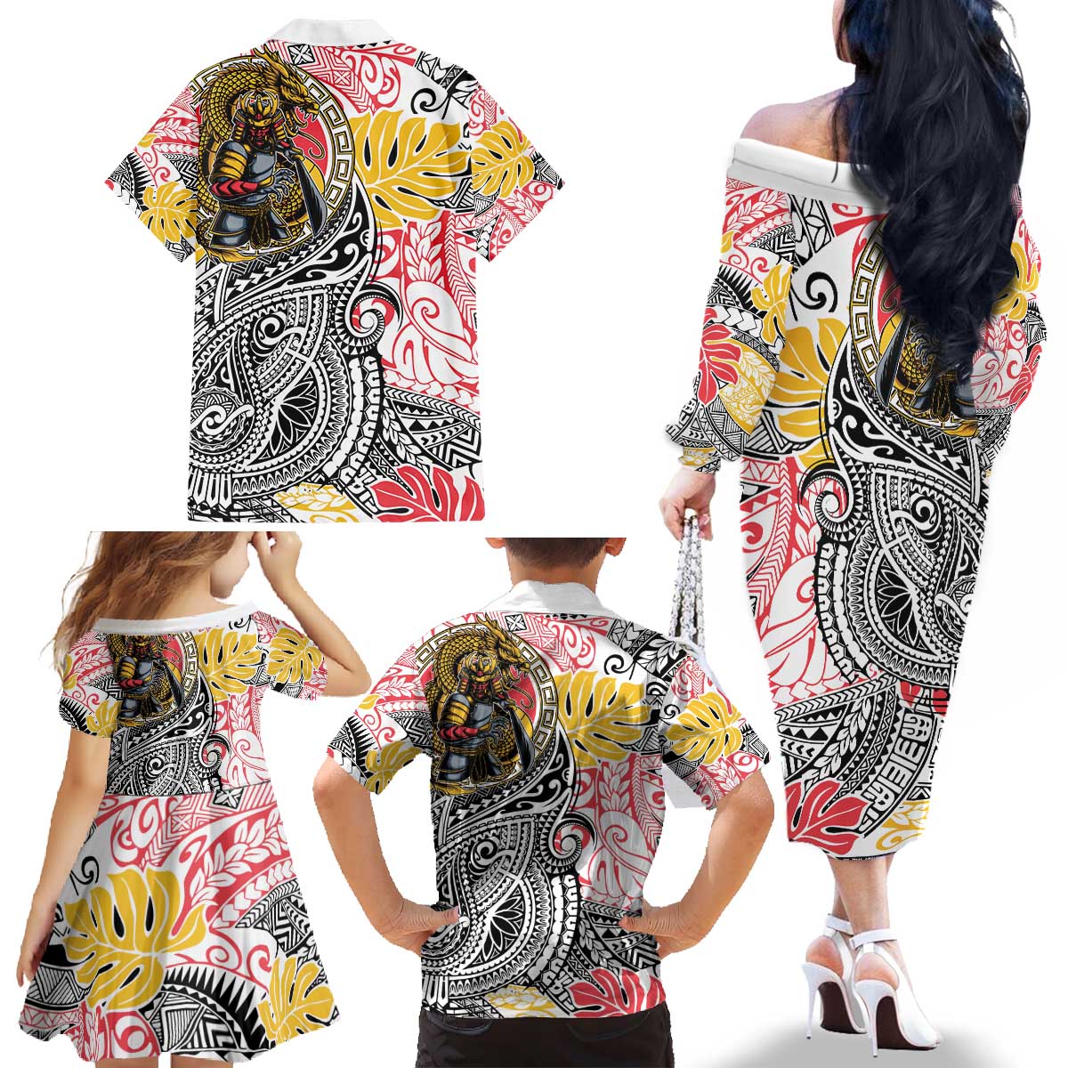 Japanese Samurai Warrior Family Matching Off The Shoulder Long Sleeve Dress and Hawaiian Shirt Colorful Polynesian Tattoo Style