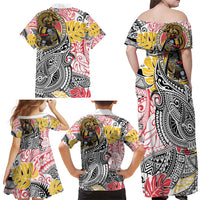 Japanese Samurai Warrior Family Matching Off Shoulder Maxi Dress and Hawaiian Shirt Colorful Polynesian Tattoo Style