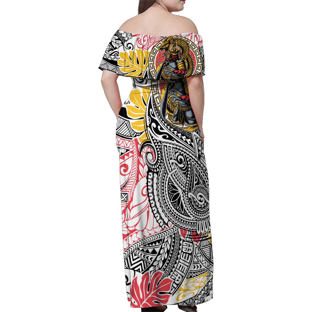 Japanese Samurai Warrior Family Matching Off Shoulder Maxi Dress and Hawaiian Shirt Colorful Polynesian Tattoo Style