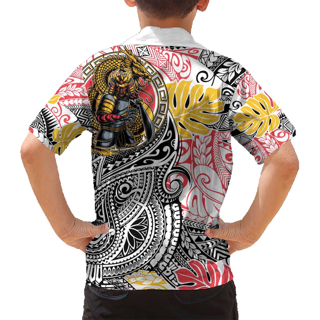 Japanese Samurai Warrior Family Matching Off Shoulder Short Dress and Hawaiian Shirt Colorful Polynesian Tattoo Style