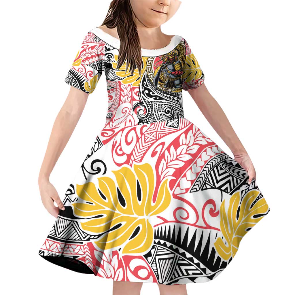 Japanese Samurai Warrior Family Matching Off Shoulder Short Dress and Hawaiian Shirt Colorful Polynesian Tattoo Style