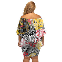 Japanese Samurai Warrior Family Matching Off Shoulder Short Dress and Hawaiian Shirt Colorful Polynesian Tattoo Style