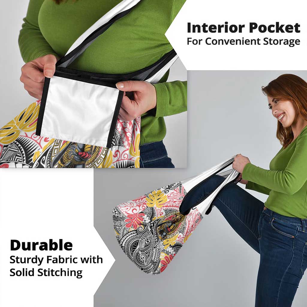 Japanese Samurai Warrior Grocery Bag Colorful Polynesian Tattoo Style