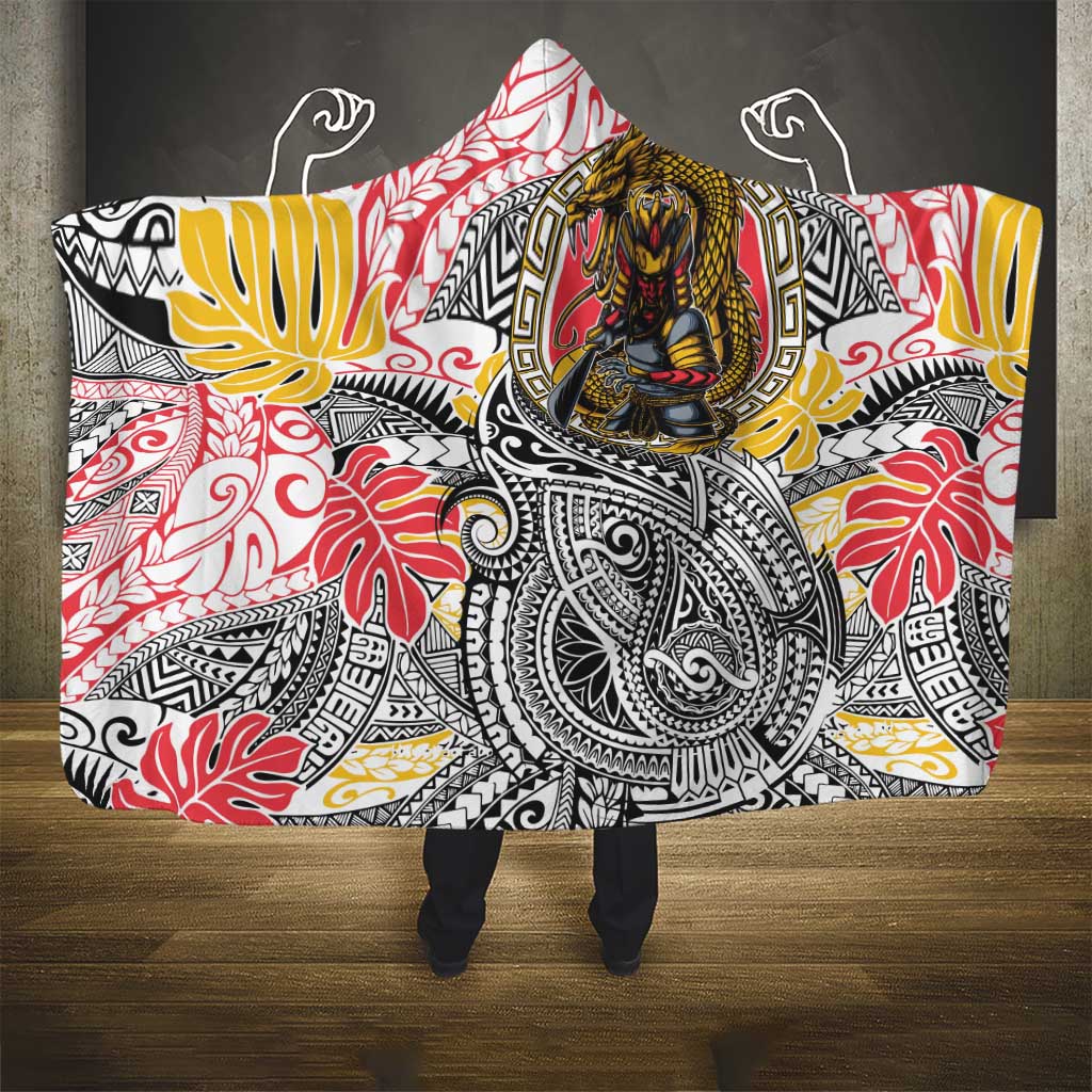 Japanese Samurai Warrior Hooded Blanket Colorful Polynesian Tattoo Style