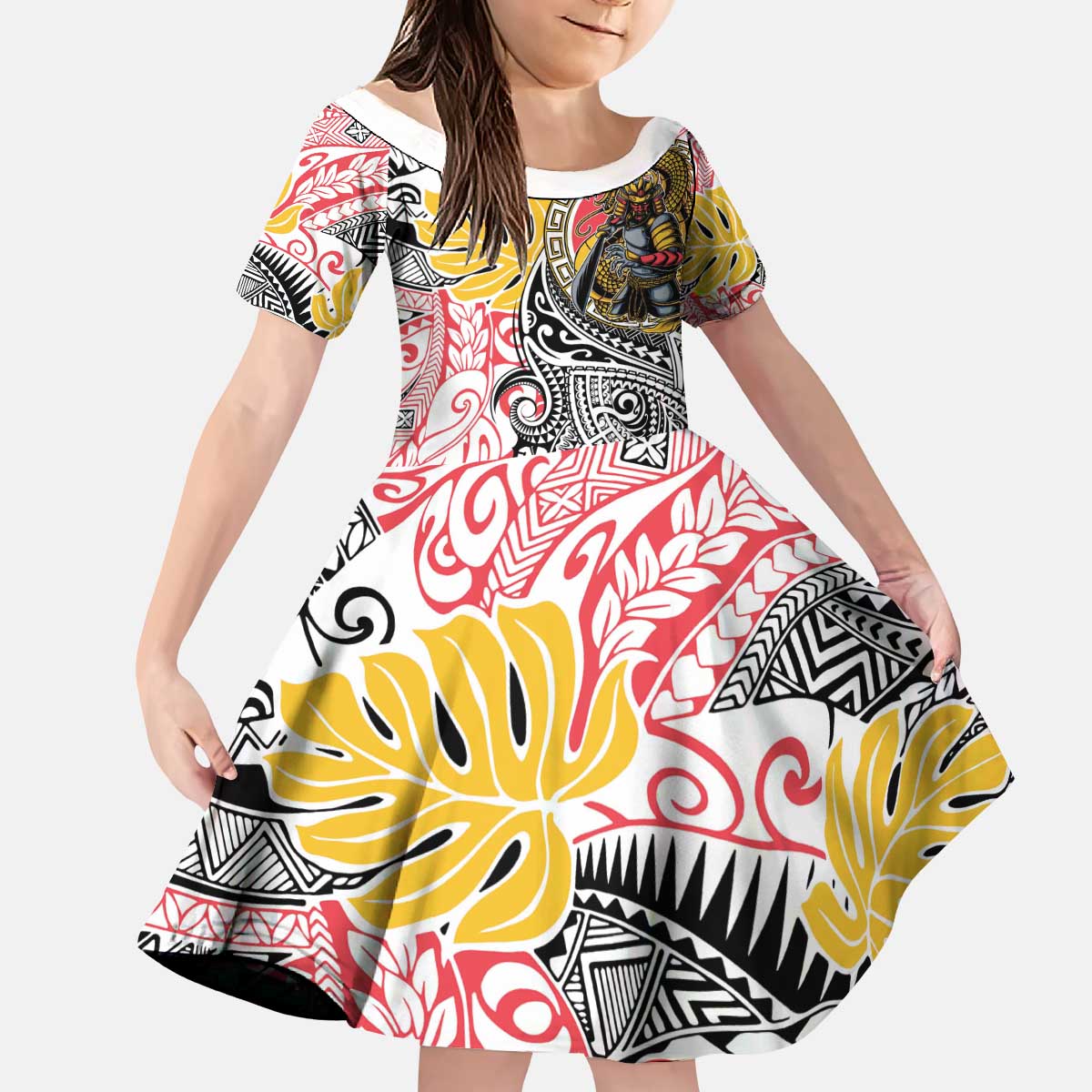 Japanese Samurai Warrior Kid Short Sleeve Dress Colorful Polynesian Tattoo Style
