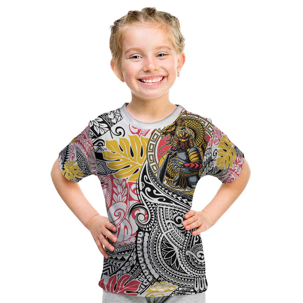 Japanese Samurai Warrior Kid T Shirt Colorful Polynesian Tattoo Style LT9 White - Polynesian Pride