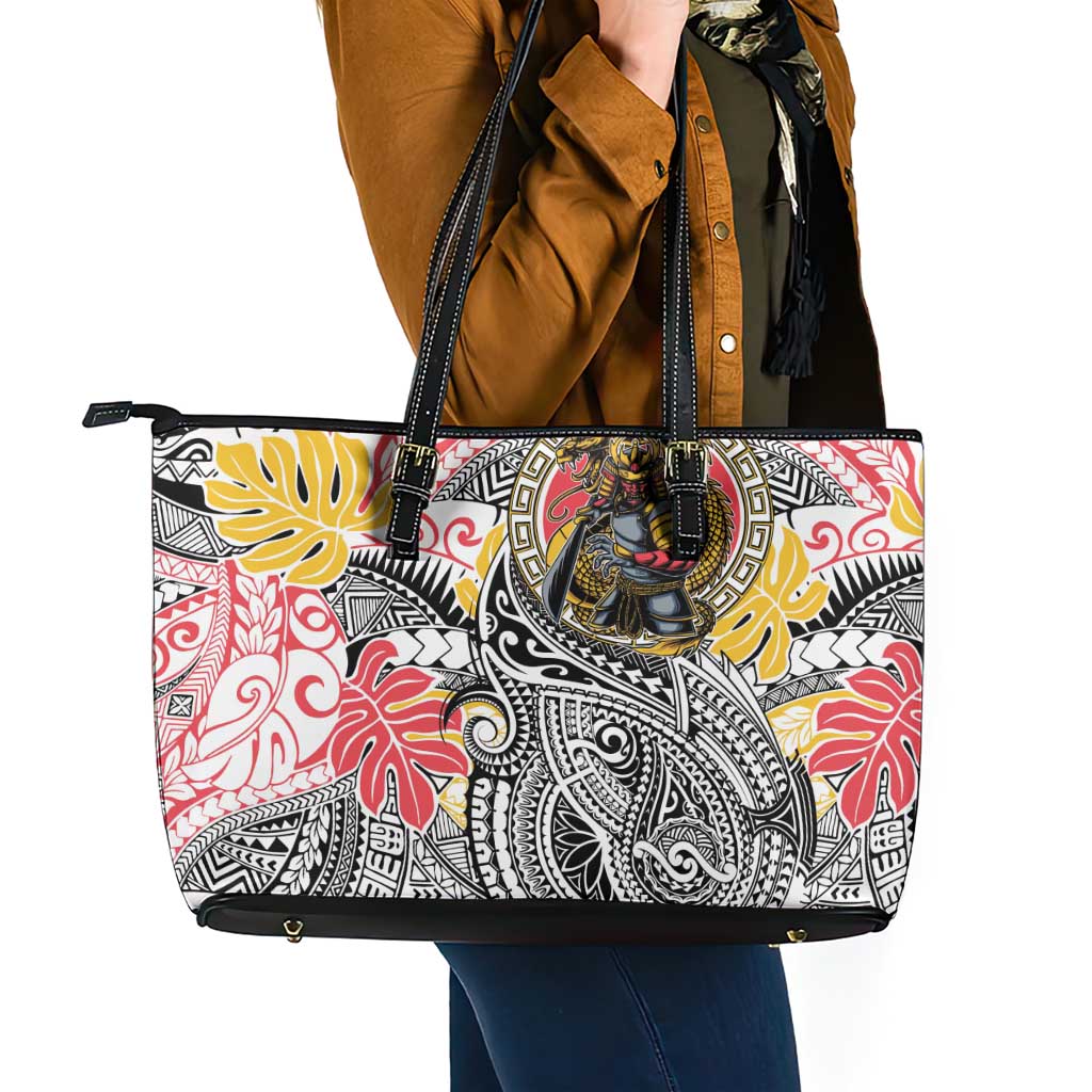 Japanese Samurai Warrior Leather Tote Bag Colorful Polynesian Tattoo Style