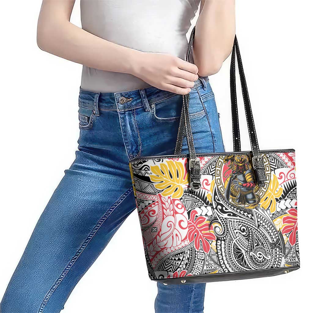 Japanese Samurai Warrior Leather Tote Bag Colorful Polynesian Tattoo Style