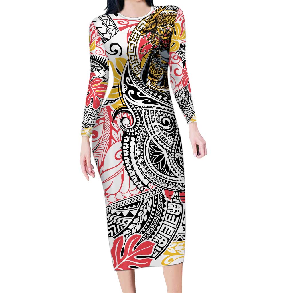 Japanese Samurai Warrior Long Sleeve Bodycon Dress Colorful Polynesian Tattoo Style