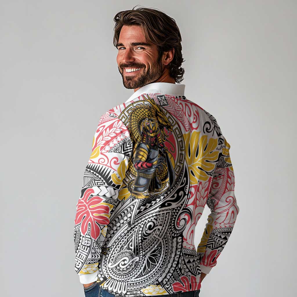 Japanese Samurai Warrior Long Sleeve Polo Shirt Colorful Polynesian Tattoo Style