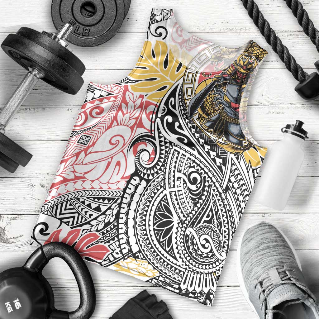 Japanese Samurai Warrior Men Tank Top Colorful Polynesian Tattoo Style