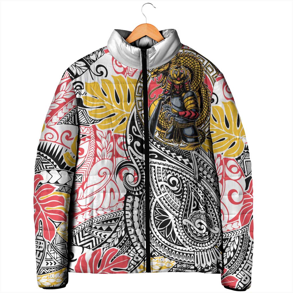 Japanese Samurai Warrior Padded Jacket Colorful Polynesian Tattoo Style - Polynesian Pride