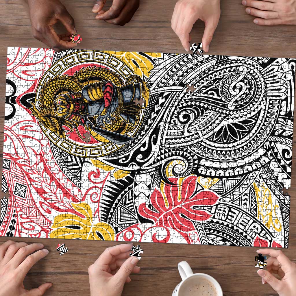 Japanese Samurai Warrior Puzzle Colorful Polynesian Tattoo Style - Polynesian Pride