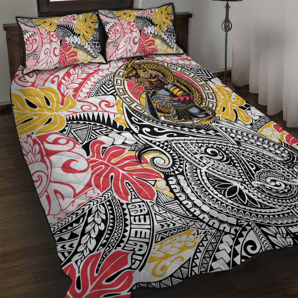 Japanese Samurai Warrior Quilt Bed Set Colorful Polynesian Tattoo Style LT9 White - Polynesian Pride