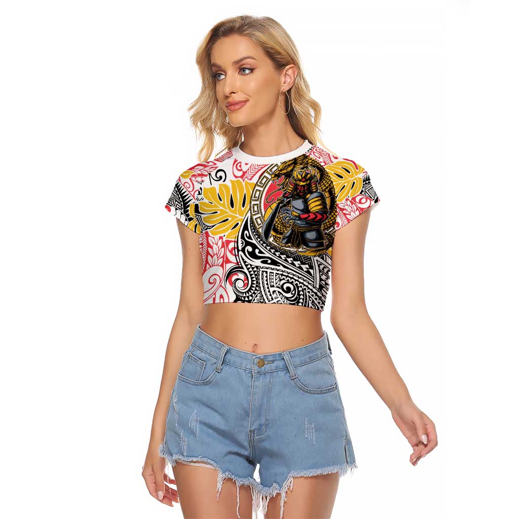 Japanese Samurai Warrior Raglan Cropped T Shirt Colorful Polynesian Tattoo Style LT9 Female White - Polynesian Pride