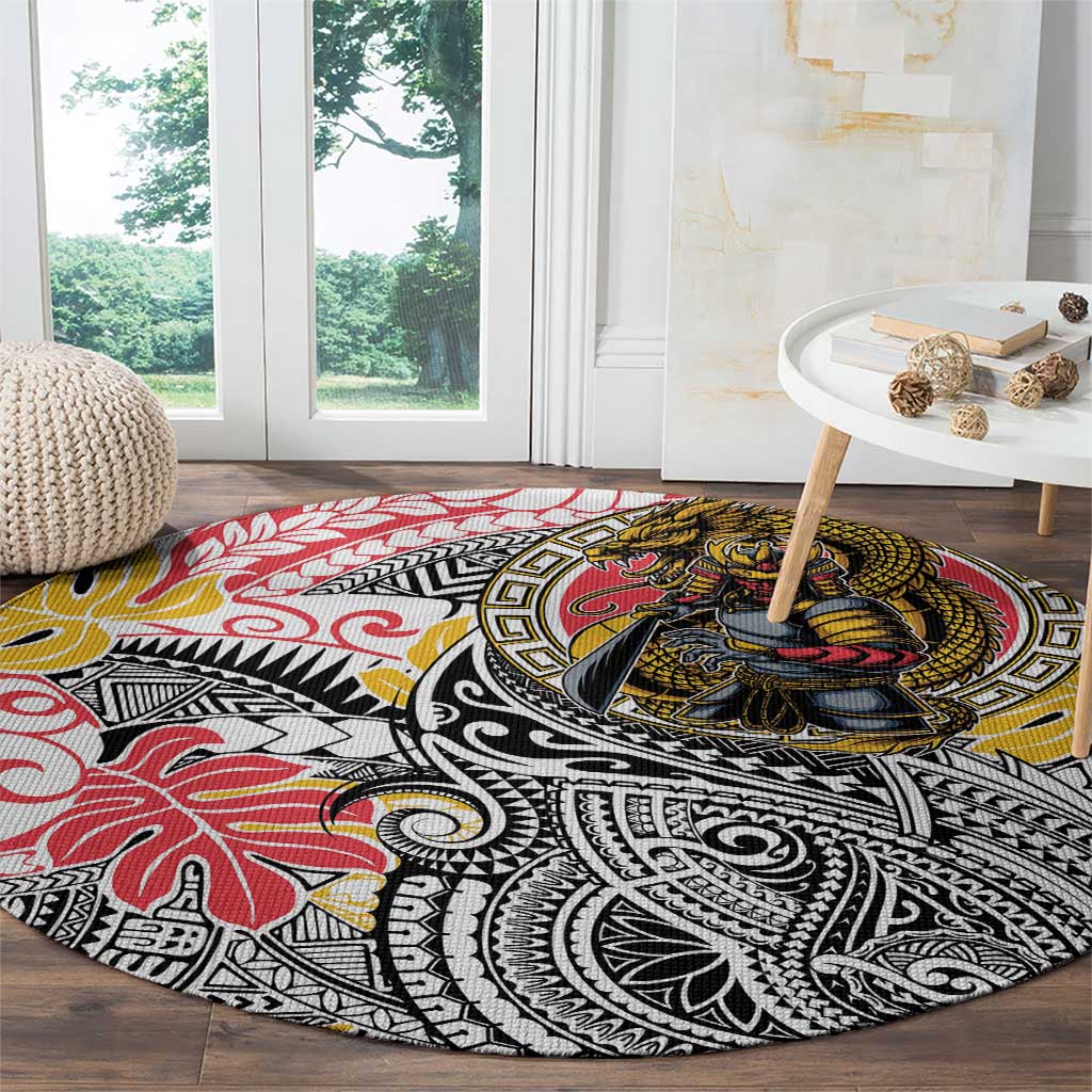 Japanese Samurai Warrior Round Carpet Colorful Polynesian Tattoo Style