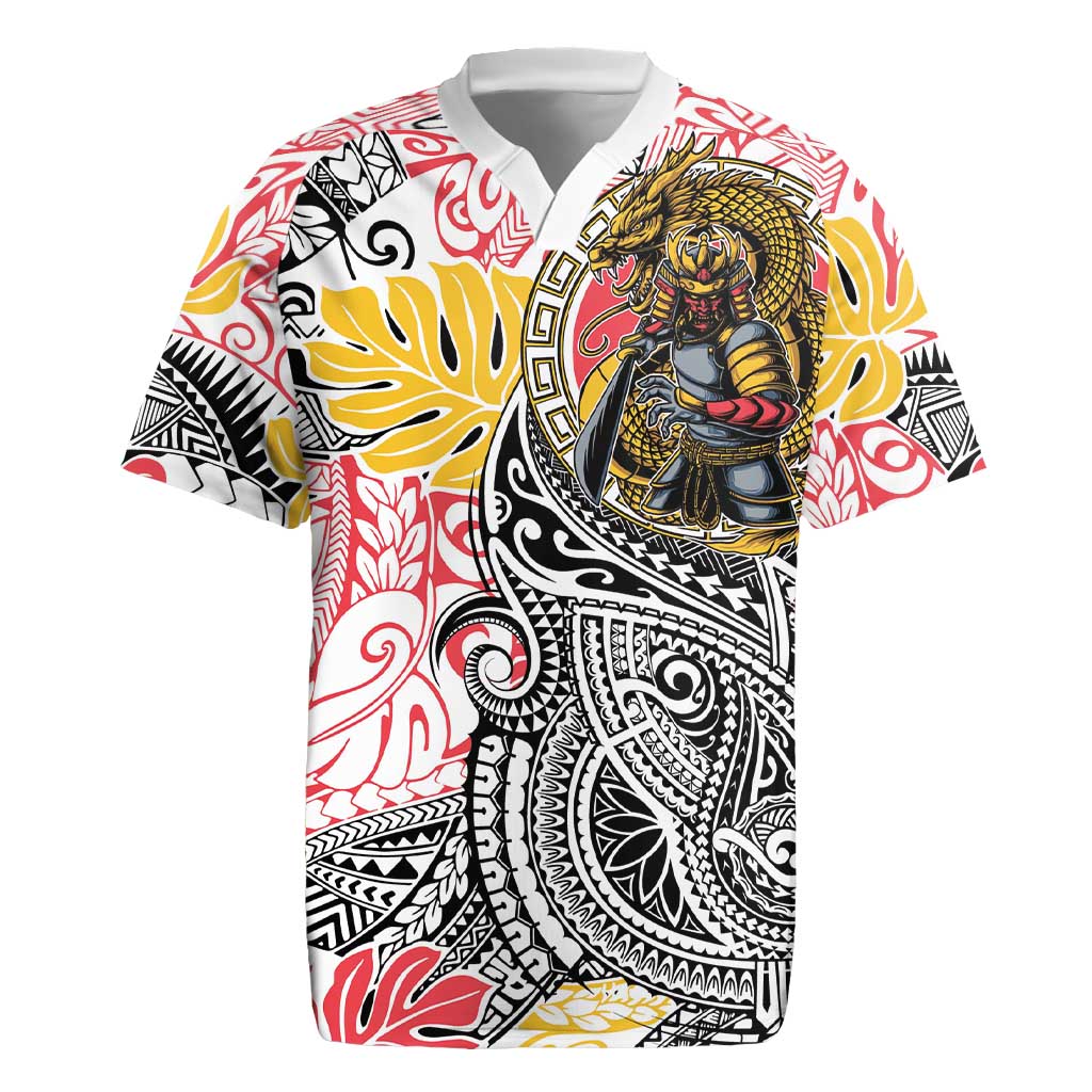 Japanese Samurai Warrior Rugby Jersey Colorful Polynesian Tattoo Style