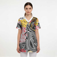 Japanese Samurai Warrior Scrub Top Colorful Polynesian Tattoo Style - Polynesian Pride