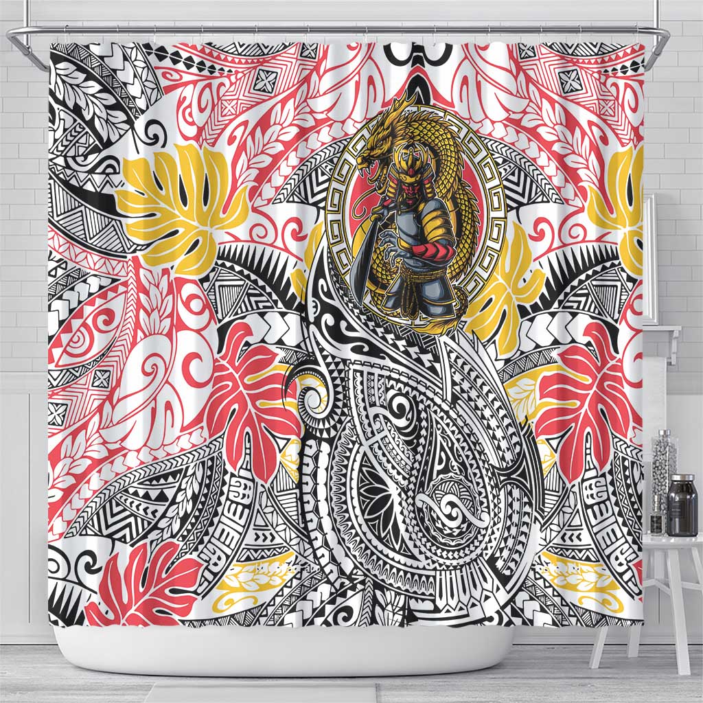 Japanese Samurai Warrior Shower Curtain Colorful Polynesian Tattoo Style