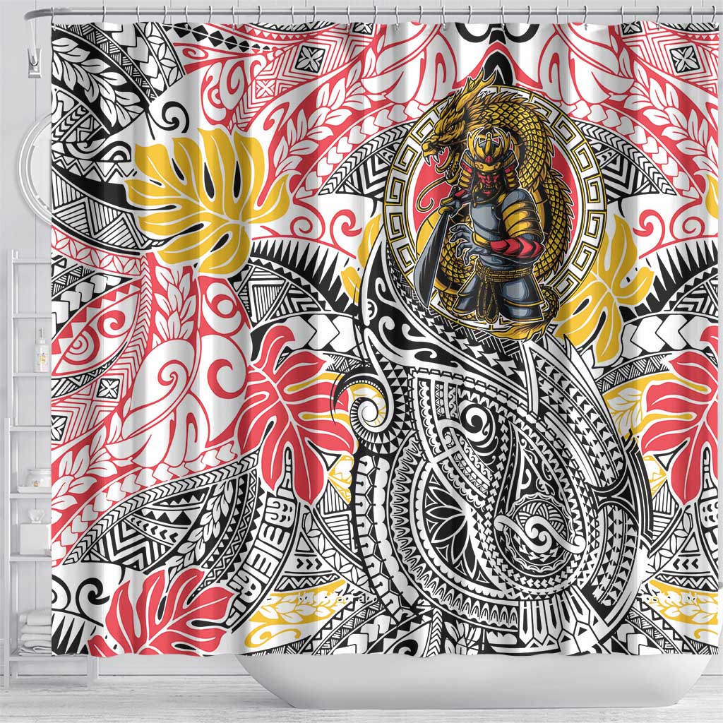 Japanese Samurai Warrior Shower Curtain Colorful Polynesian Tattoo Style