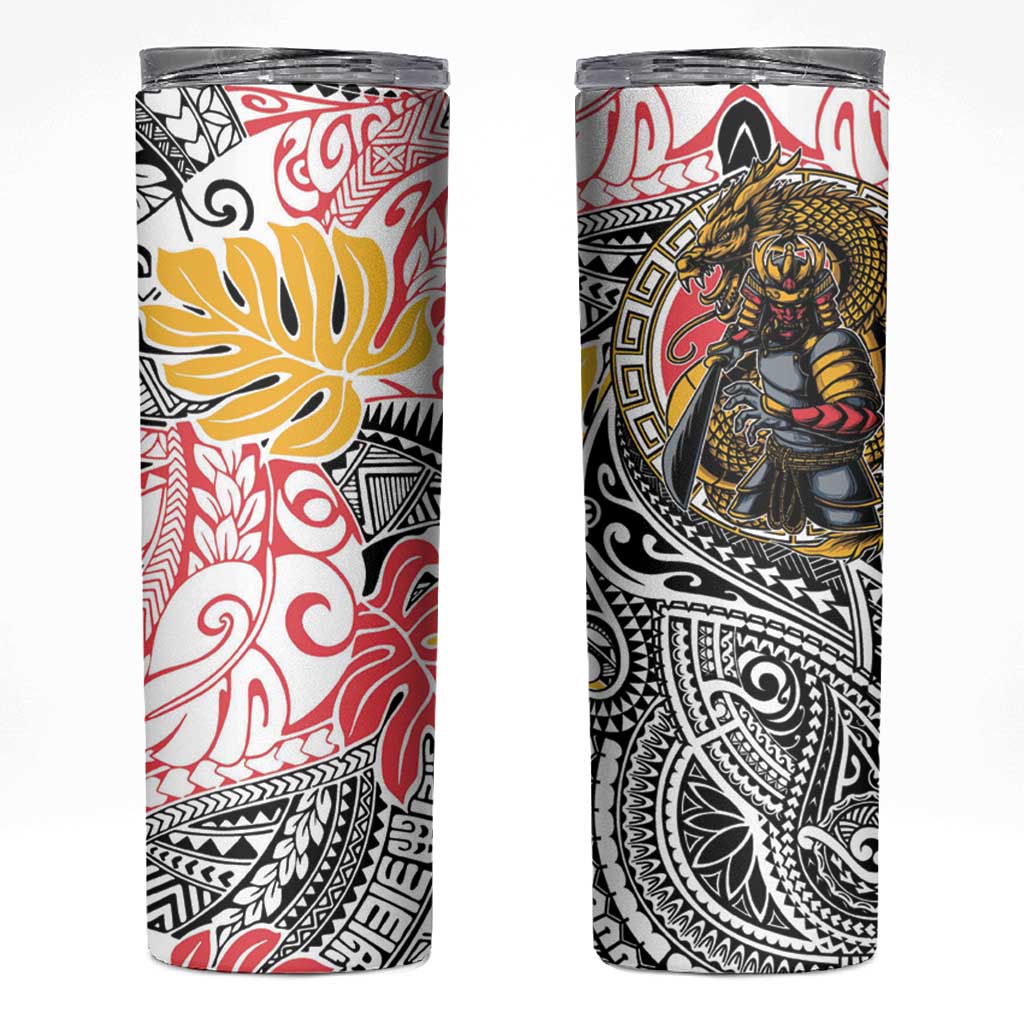 Japanese Samurai Warrior Skinny Tumbler Colorful Polynesian Tattoo Style LT9 White - Polynesian Pride