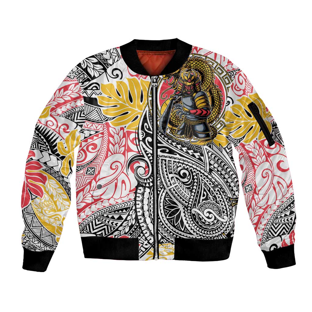 Japanese Samurai Warrior Sleeve Zip Bomber Jacket Colorful Polynesian Tattoo Style LT9 Unisex White - Polynesian Pride
