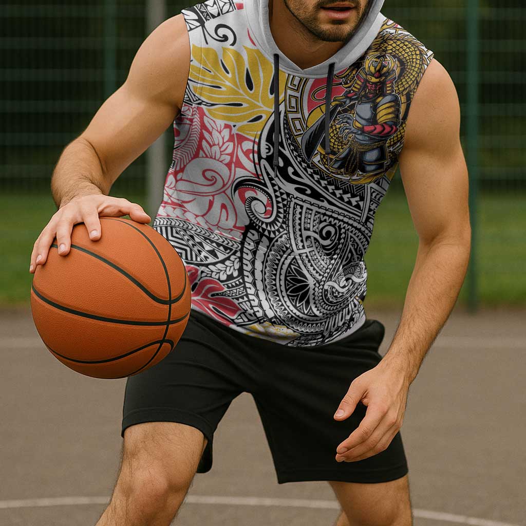Japanese Samurai Warrior Sleeveless Hoodie Colorful Polynesian Tattoo Style - Polynesian Pride