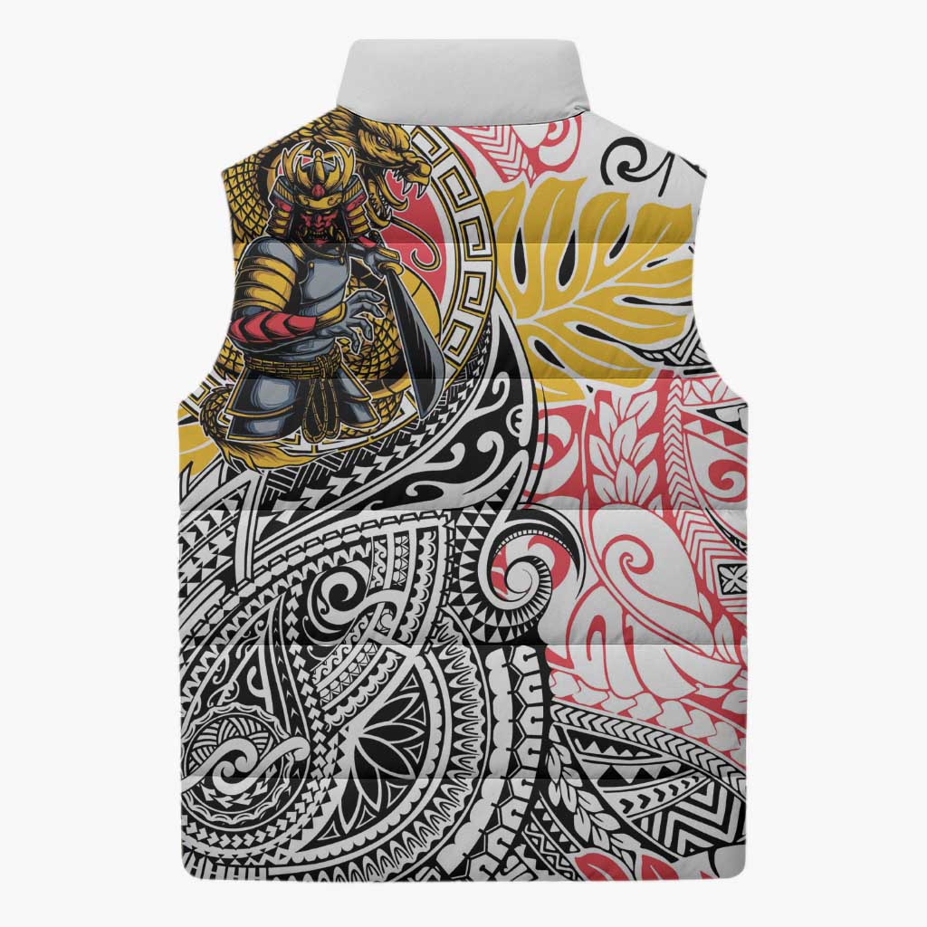 Japanese Samurai Warrior Sleeveless Puffer Jacket Colorful Polynesian Tattoo Style - Polynesian Pride