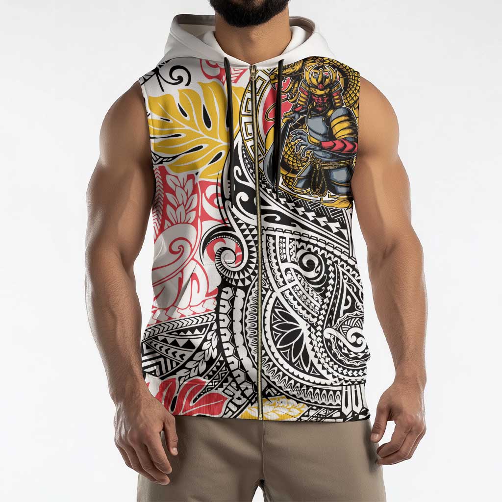 Japanese Samurai Warrior Sleeveless Zip Hoodie Colorful Polynesian Tattoo Style - Polynesian Pride