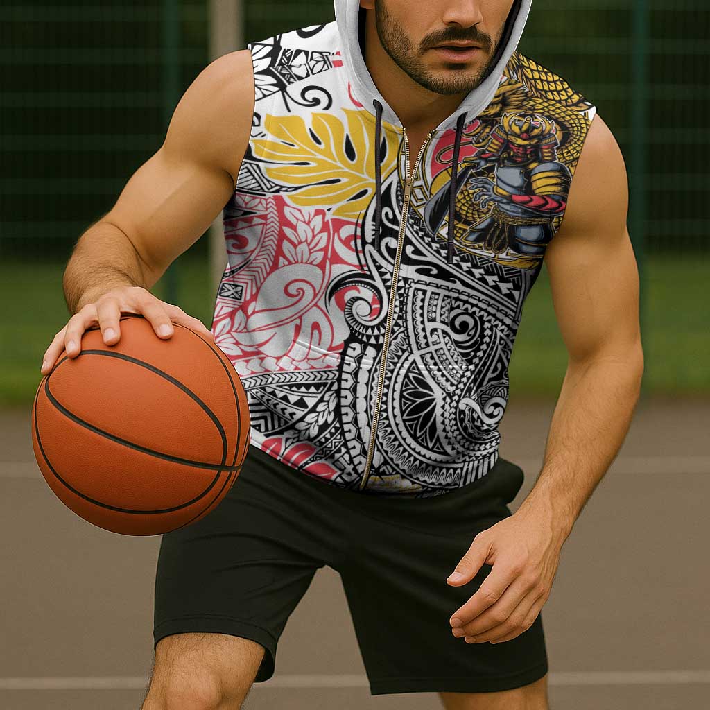 Japanese Samurai Warrior Sleeveless Zip Hoodie Colorful Polynesian Tattoo Style - Polynesian Pride